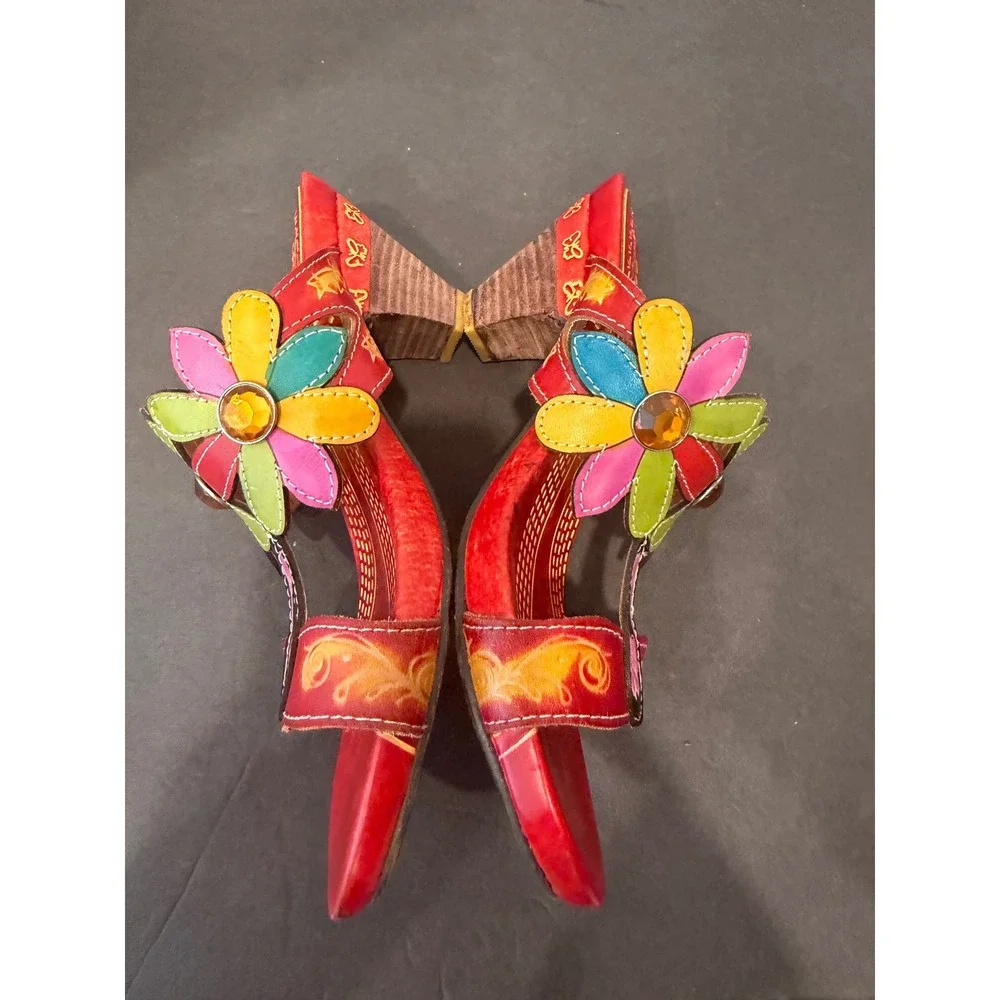 Spring Step Papaya Red Leather Slip On Hand‎ Painted Floral Low Heel Sandals 8.5
